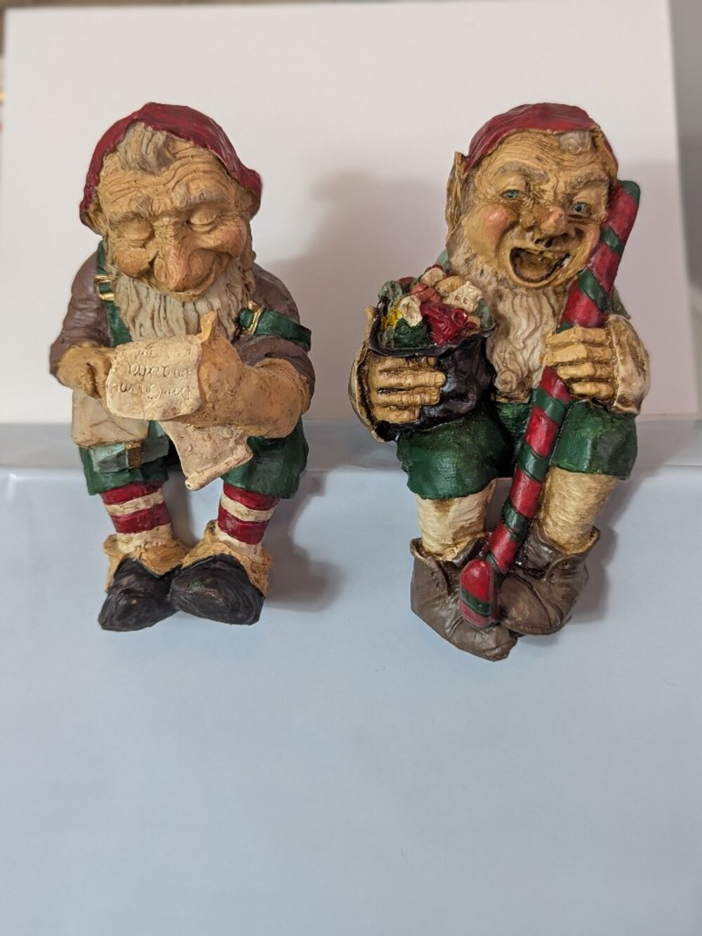 Vintage Christmas Elf Gnome Shelf Sitters Resin Set of 2